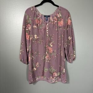 Chaps Women's Purple Floral Boho Peasant Blouse - Size Large - Cottagecore Top